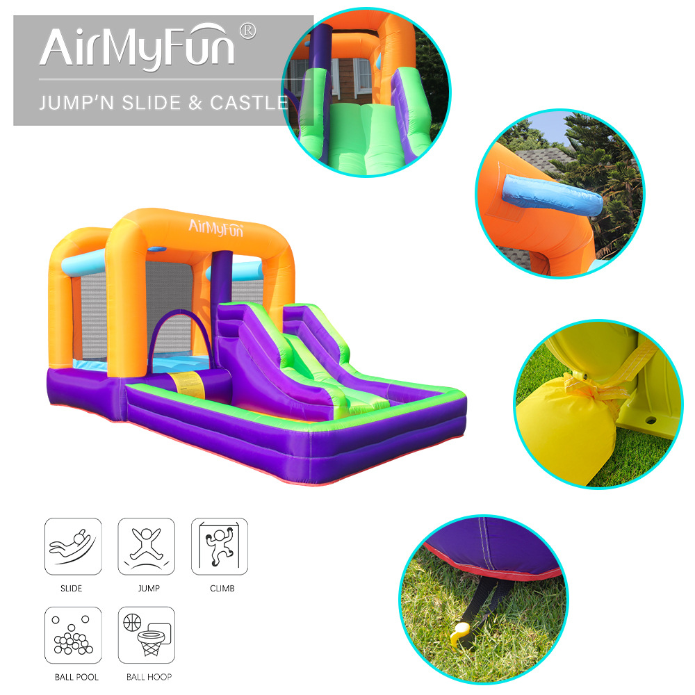 AMF | Castillo inflable para el hogar, fiesta al aire libre, parque de atracciones infantil pequeño, trampolín inflable, tobogán combinado, piscina de olas