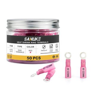 Sanuke 50 Pcs 22-16 Awg Red # 8 Heat Shrink Ring Terminals - Waterproof Insulated Tin Copper Wire