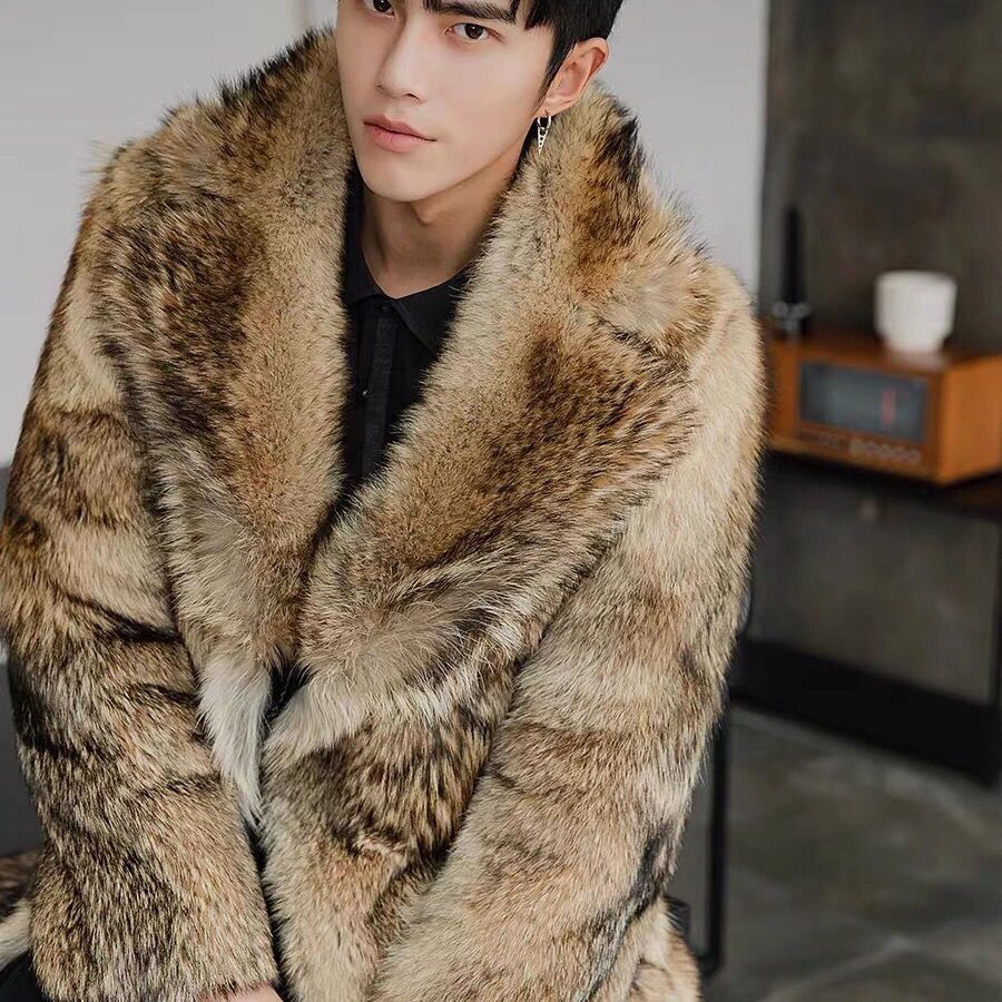 Luxury Faux Mink Fur Coat Men Winter New Faux Fur Long Young Mink