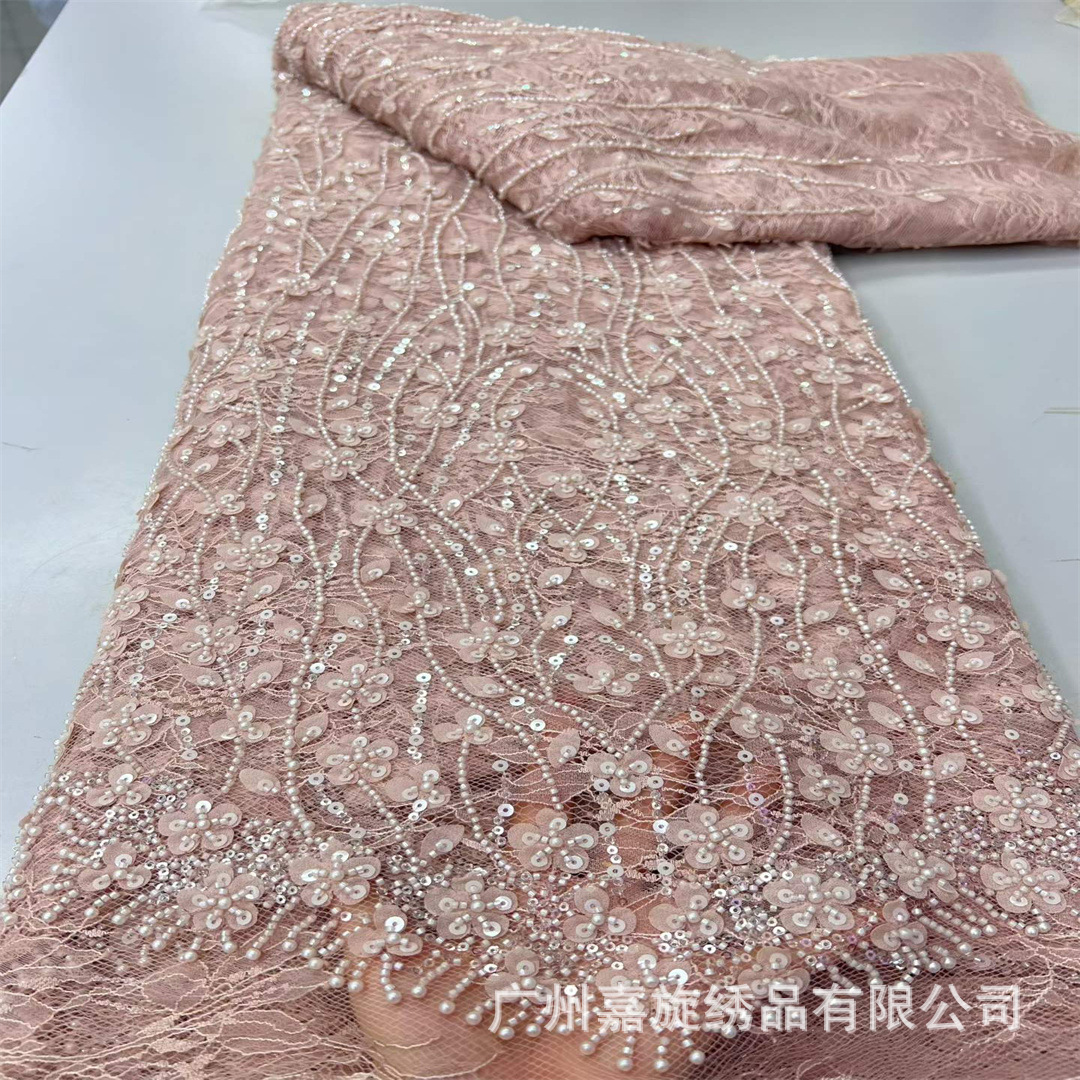 Nuevo mosaico láser estereoscópico rayas encaje tubo de cuentas tela bordada vestido de boda francés cheongsam tela bordada image 4