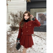 红色小香风套装裙两件套秋冬新款时尚气质名媛外套百褶裙两件套潮