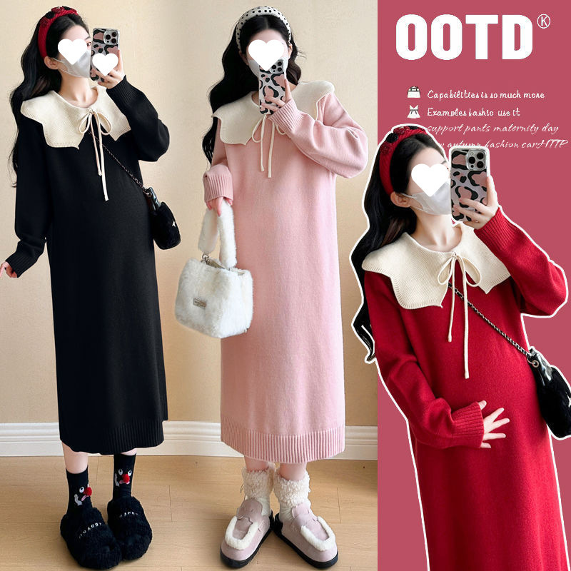 Maternity Autumn Red Sweater Dress 2025 New Maternity Christmas Sweater Age-Reducing Doll Collar Knitted Dress Autumn and Winter