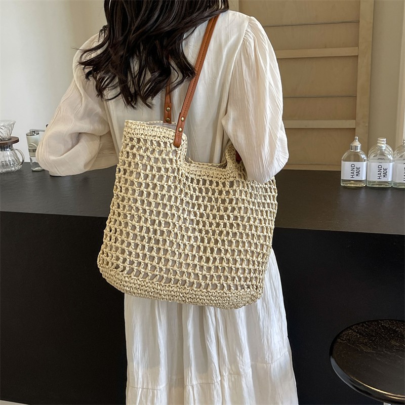 Bolsa de algodón de hombro casual de gran capacidad, nueva bolsa de malla hueca, bolsa de playa de vacaciones en la playa, bolsa de mujer