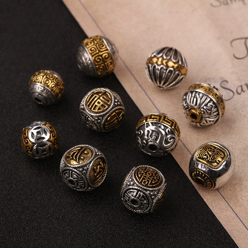 Тибетские серебряные ретро двухцветные круглые бусины Fuxi Zajiram, браслет Wenwan Bodhi, ювелирные аксессуары, свободные бусины с узором