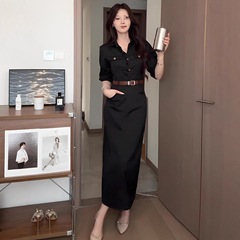 纯御风气质长袖连衣裙女秋季新款洋气工装衬衫裙百搭收腰中长裙子