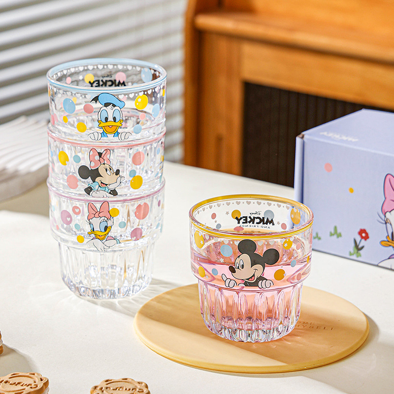 Nueva taza de vidrio de Disney, taza de agua de dibujos animados de lunares, taza de agua para el hogar femenina de alto valor, taza de agua para la oficina, pareja