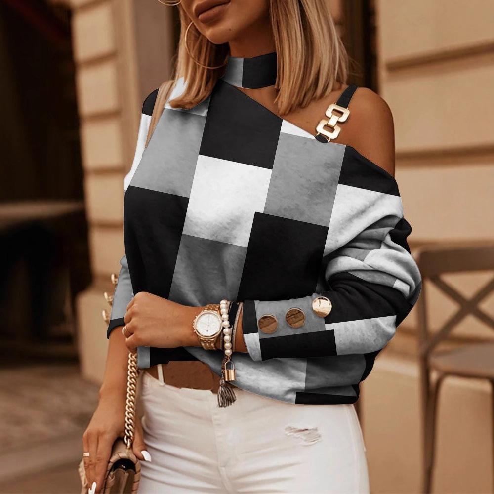 2022 estación independiente deseo Amazon popular Otoño e Invierno de manga larga cadena Halter impreso botón decorativo superior para las mujeres image 4