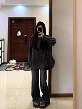 韩系慵懒松弛感黑灰色条纹长袖t恤女早秋2025新款宽松复古上衣ins