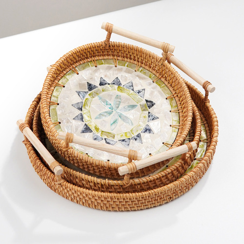 Rattan shell tray, natural sea shell splicing, creative binaural tray, snack fruit and vegetable afternoon tea snack basket