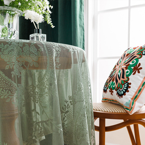 Elegant Green Hollowed-Out Lace Tablecloth with Ruffled Edges, Round Mirror Design, and Fresh, Delicate Lace Style