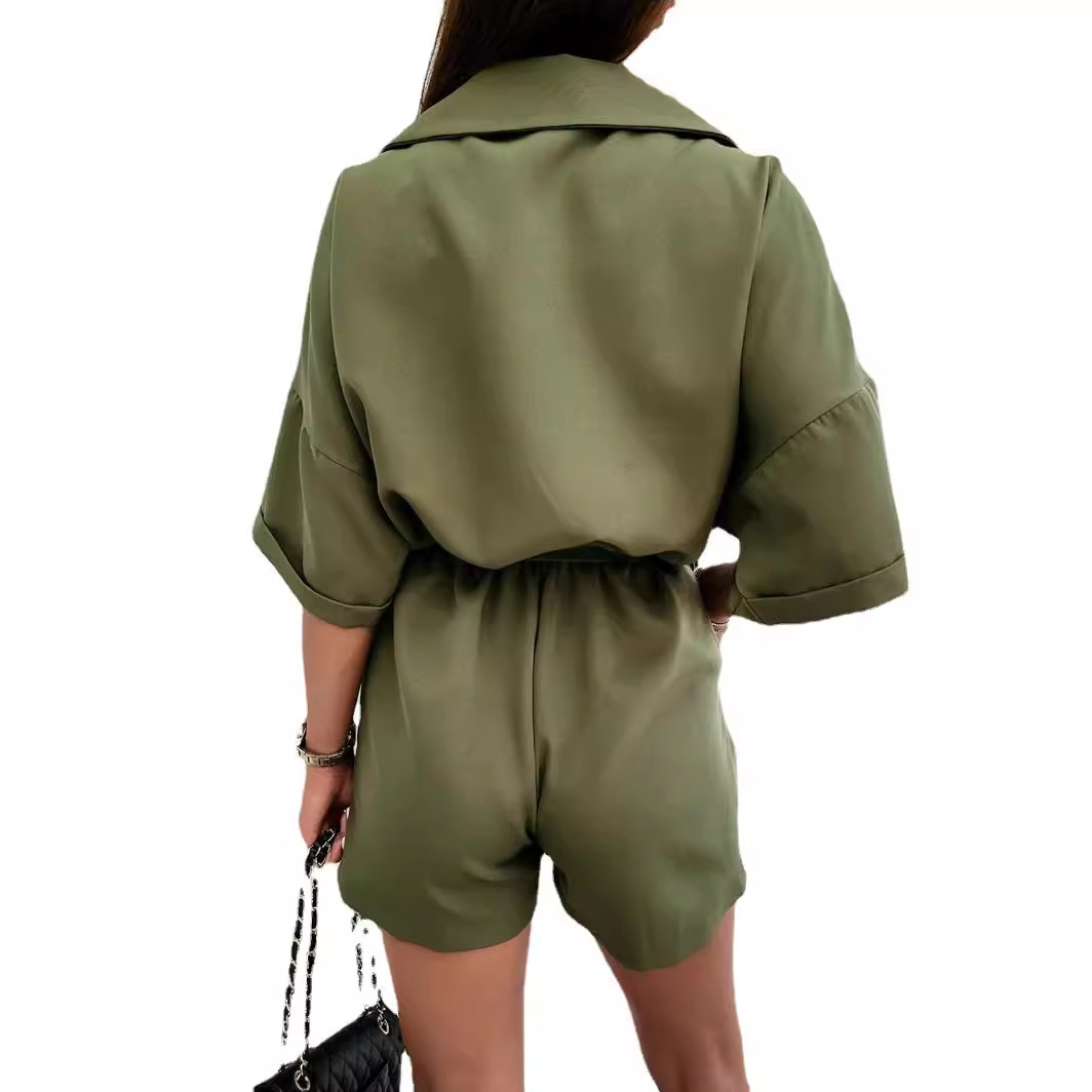Mono Casual de Verano 2025 para Mujer, Estilo Europeo y Americano, Sexy, con Solapa, Manga Murciélago, Tres Colores, Cuatro Tallas