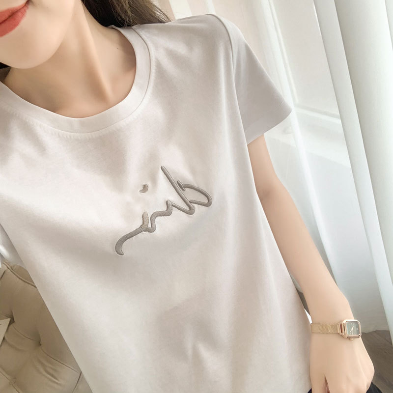 80-Count Double-Sided Mercerized Cotton Short-Sleeved T-Shirt for Women, New Summer Style Cotton Embroidered Letter Pattern Round Neck Half-Sleeved Top Product
