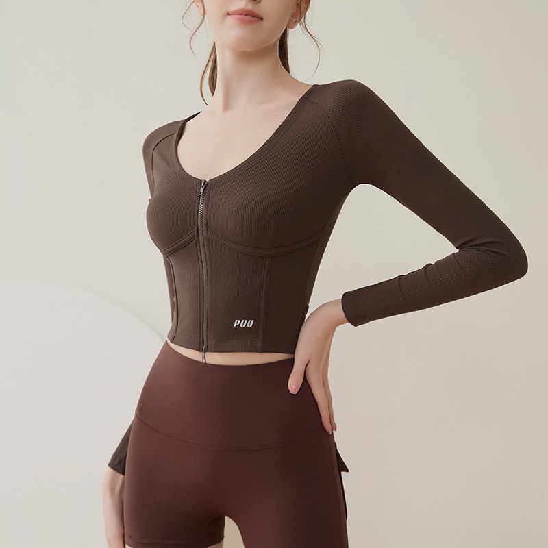 Cross-Border double zipper yoga clothes long sleeve waist-tight sexy V-neck high elastic sports professional Pilates top