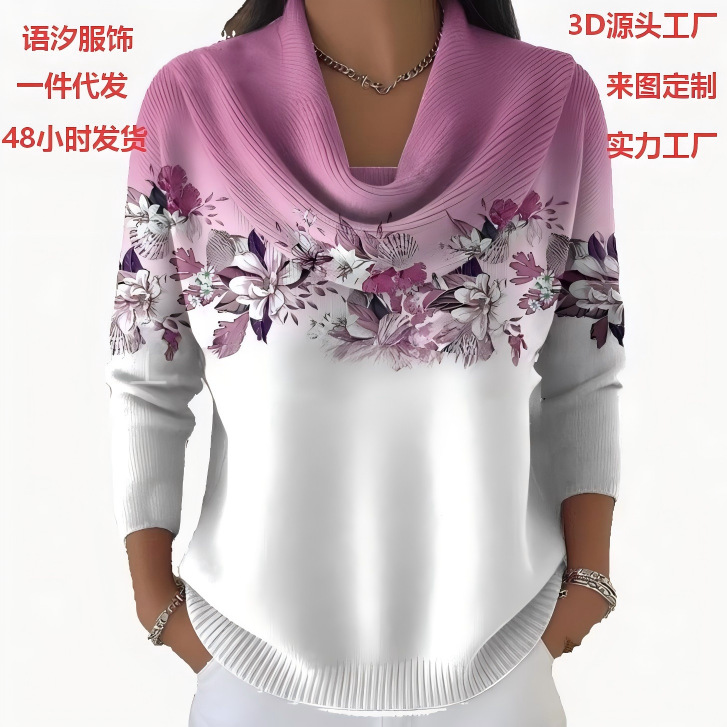 2025新款欧美亚马逊跨境外贸3D数码印花宽松毛衣针织衫秋冬上衣