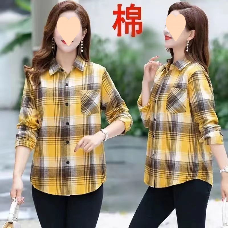 春の新綿レディースシャツ女性の長袖中年母親チェック柄シャツルーズ春と秋の女性のジャケット|undefined