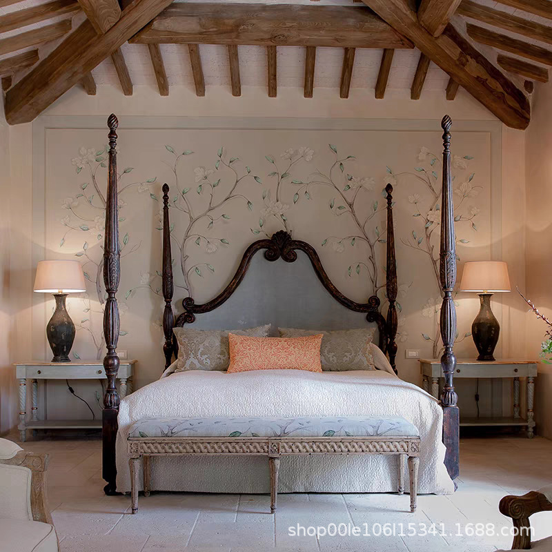 Solid Wood Carved French-Style Pillar High-Back Retro Upholstered Fabric Double Bed for Guesthouse Bedroom Model Room Princess Wedding Bed