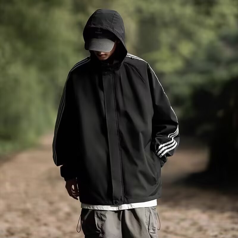 Striped Contrast Color Hooded Jacket Men's Spring and Autumn Soft Shell Windproof and Waterproof Couple's Workwear Jacket