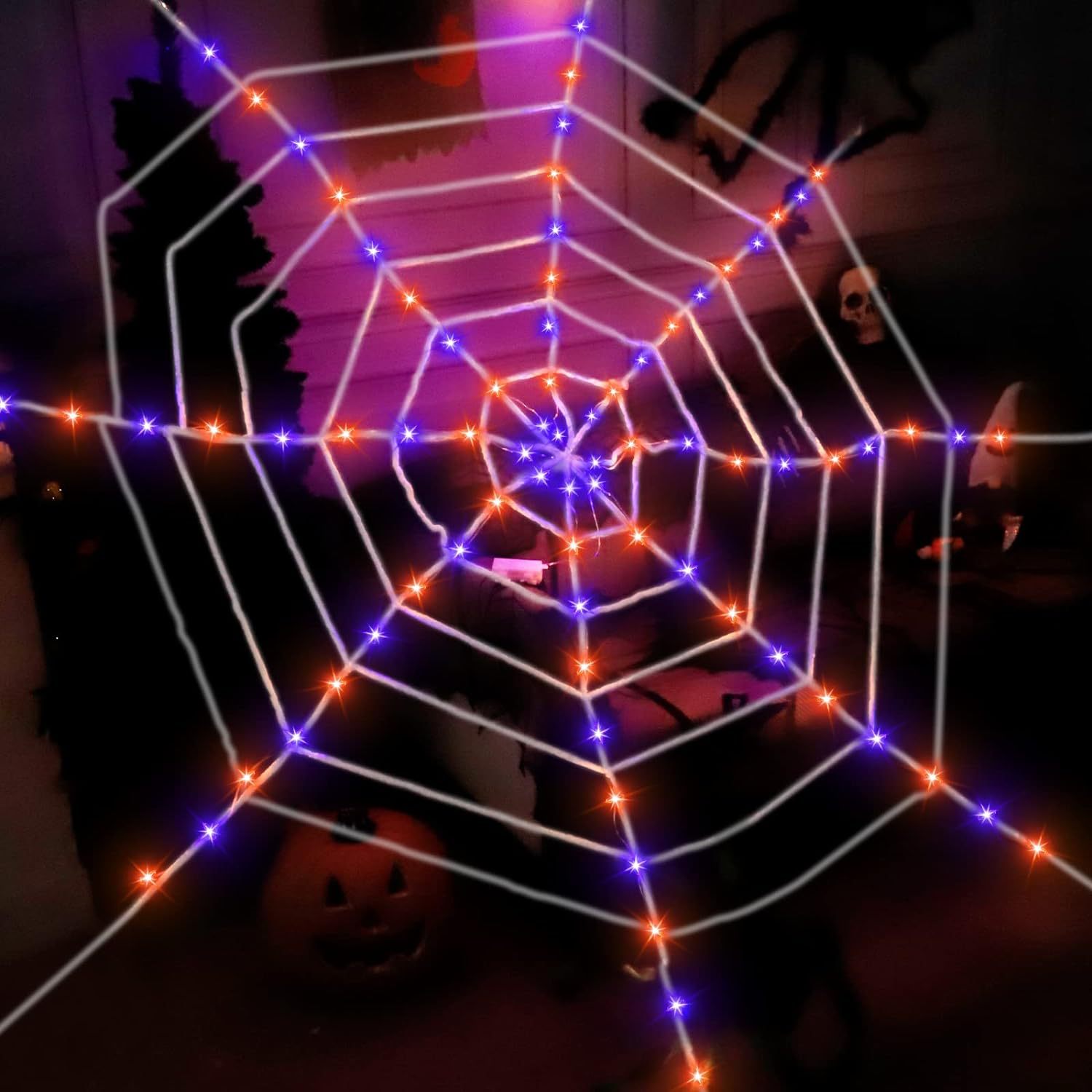 Decoración de Halloween luminosa tela de araña triángulo traje de red diseño de Sitio Grande araña bar decoración Amazon