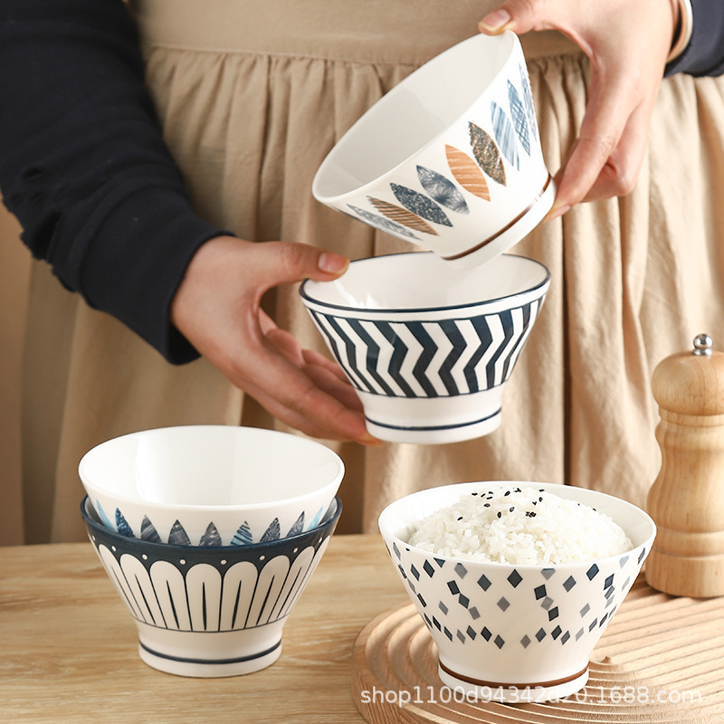 Underglaze Color Ceramic Rice Bowl 5inch Bamboo Hat Bowl Tableware 2022 New Household Tall Bowl Anti-Scald Salad Bowl