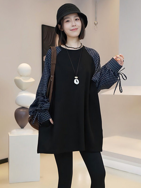 假两件圆领卫衣女春秋款2025新款爆款中长款上衣女遮屁股洋气时尚|undefined
