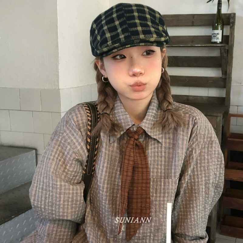 日系复古学院风棕色格纹丝巾美拉德色系文艺气质系脖领巾时尚颈饰|undefined