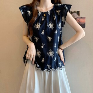 Plus Size Fat mm Summer New Heavy Embroidered Wavy Hem Small Flying Sleeve Short-Sleeved Top