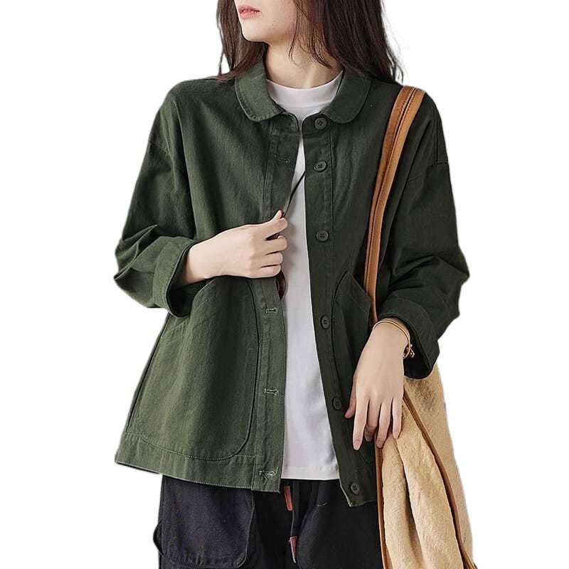 棉质外套女2025新款初秋复古斜纹棉纯色大口袋单排扣宽松休闲上衣|undefined
