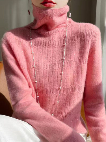 Women's V-neck Wool Knit Sweater, Seamless High Collar Cashmere Knit Top, Premium Style