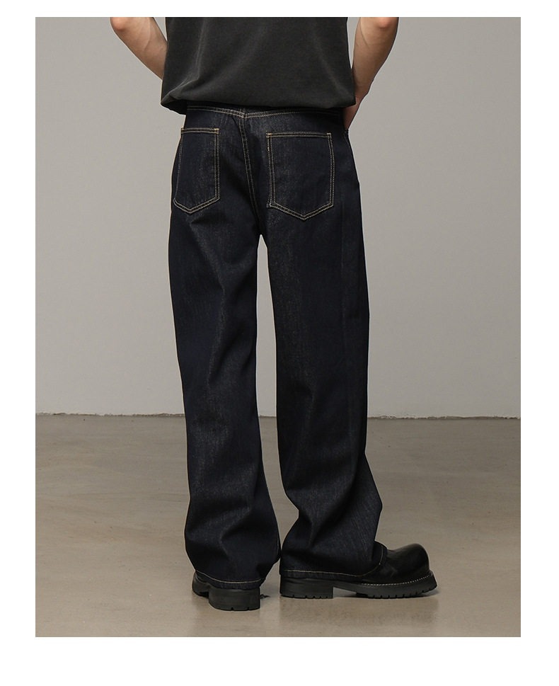 Classic American Raw Denim Jeans For Men – Straight Leg Relaxed Fit Washed Black Denim Pants, Vintage Style For Everyday Wear_mkmklike.com