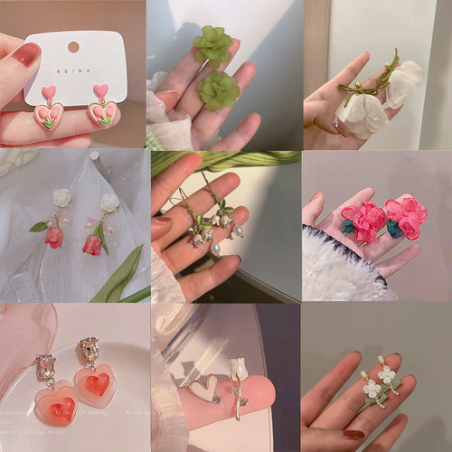 Korean love zircon earrings niche earrings women's pearl flower earrings fashionable long tassel earrings