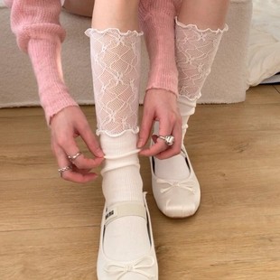 Lace Patchwork Socks for Women, Summer Calf Socks, High-Tube Ballet Style Boot Socks, Lace Ruffle Trim Stacked Socks