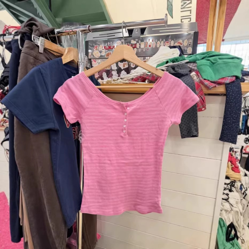 Bm New Pink Striped Short-Sleeve T-Shirt, Summer Cotton Five-Button Large Round Neck Slim-Fit Versatile Top
