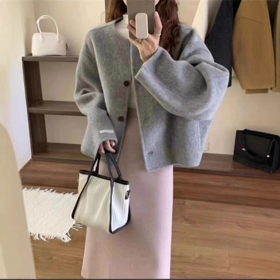 2024 Autumn and Winter Short Double-sided Wool Coat Women's Korean-style Loose Round Neck Elegant Chanel-style Wool Coat