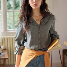 soljghter法式复古V领荷叶边格子衬衫女秋季2025新款宽松长袖衬衣