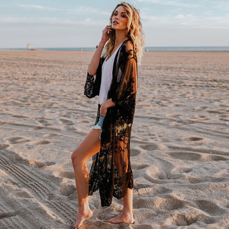 Blusa larga 2022 ropa de mujer europea y americana bordado de primavera y verano color sólido bordado bikini suelto playa cabello ropa de protección solar