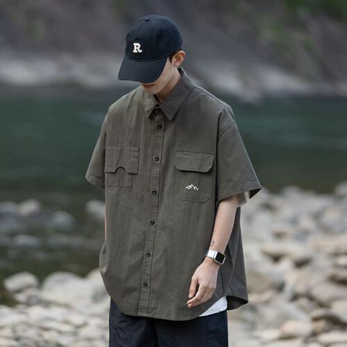 Japanese-style trendy irregular pocket workwear short-sleeved shirt, Instagram-inspired unisex functional style summer shirt