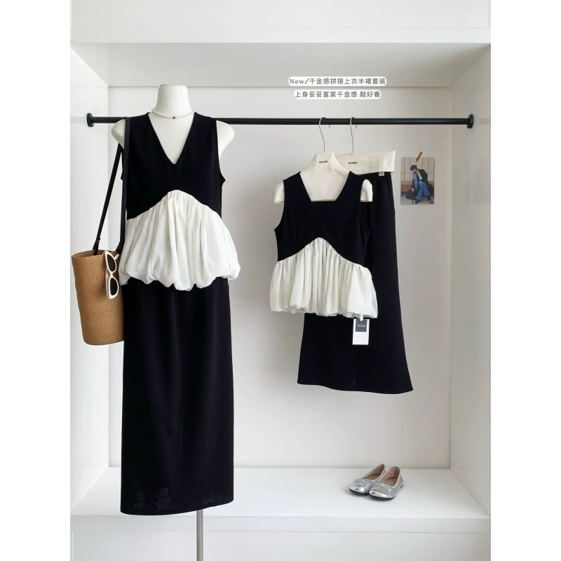 Женский летний костюм из двух предметов: топ-жилет без рукавов с V-образным вырезом + юбка-карандаш с высокой талией. Новая элегантная модель.