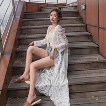 沙滩披肩防晒衣女夏海边度假中长款白色刺绣镂空蕾丝开衫长款外搭