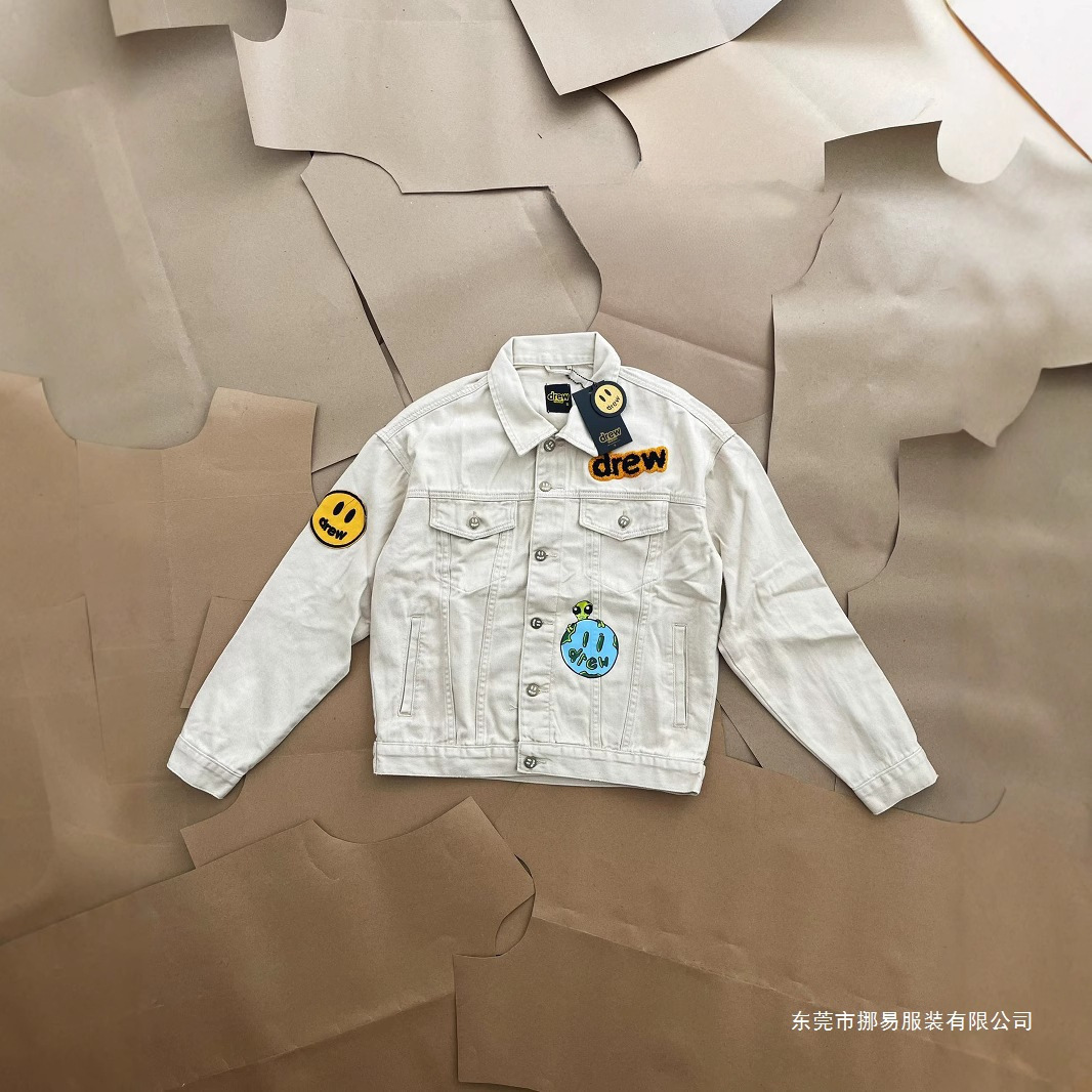 Drew Smiling Alien Badge Painting Denim Jacket American Fashion Brand Vtg Retro High Street Loose Fog Jacket