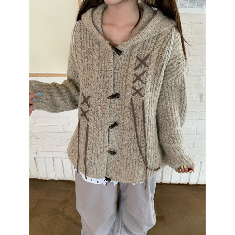 复古慵懒风牛角扣连帽毛衣女秋冬新款美式学院风宽松外套图片色|undefined