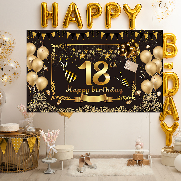 亞馬遜新款黑金氛圍生日背景橫幅派對聚會拍照裝飾支持可定制周歲