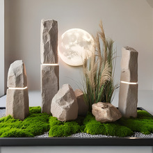 玻璃钢仿真石头摆件灯带发光新中式茶室庭院店铺室内造景橱窗装饰