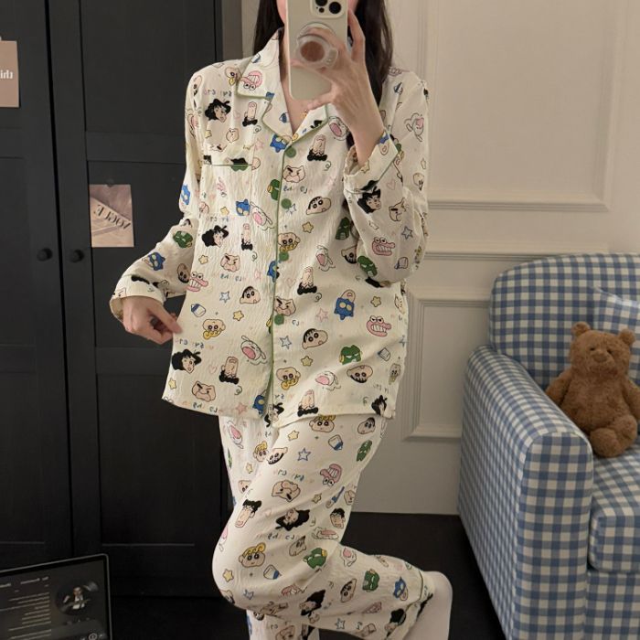 Al por mayor transfronterizo primavera y otoño nuevo pijama de mujer nubes de algodón pantalones de manga larga dulce dibujos animados se puede usar ropa de casa conjunto