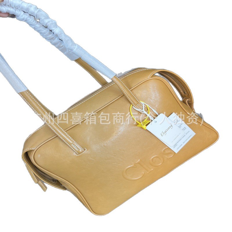 Cl Pamperly Large Boston Bag Vegetable-Tanned Top Grain Cowhide Handbag Briefcase Underarm Travel Bag - Thumbnail 5