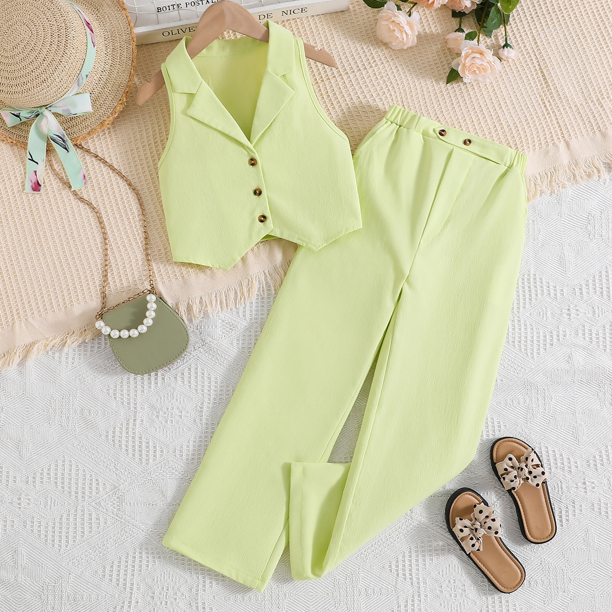 Traje para niños Verano coreano cardigan sin mangas traje corto top pantalones de dos piezas para niñas ropa infantil transfronteriza