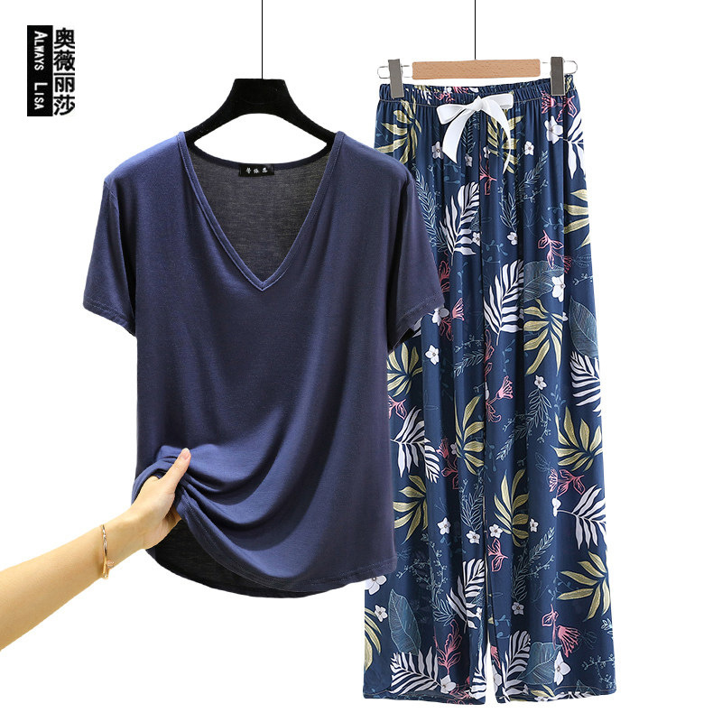 Artificial Cotton Printed Wide-Leg Pants That Can Be Worn Outside, Home Wear Two-Piece Set, Short-Sleeved V-Neck T-Shirt, Modal That Can Be Worn Outside