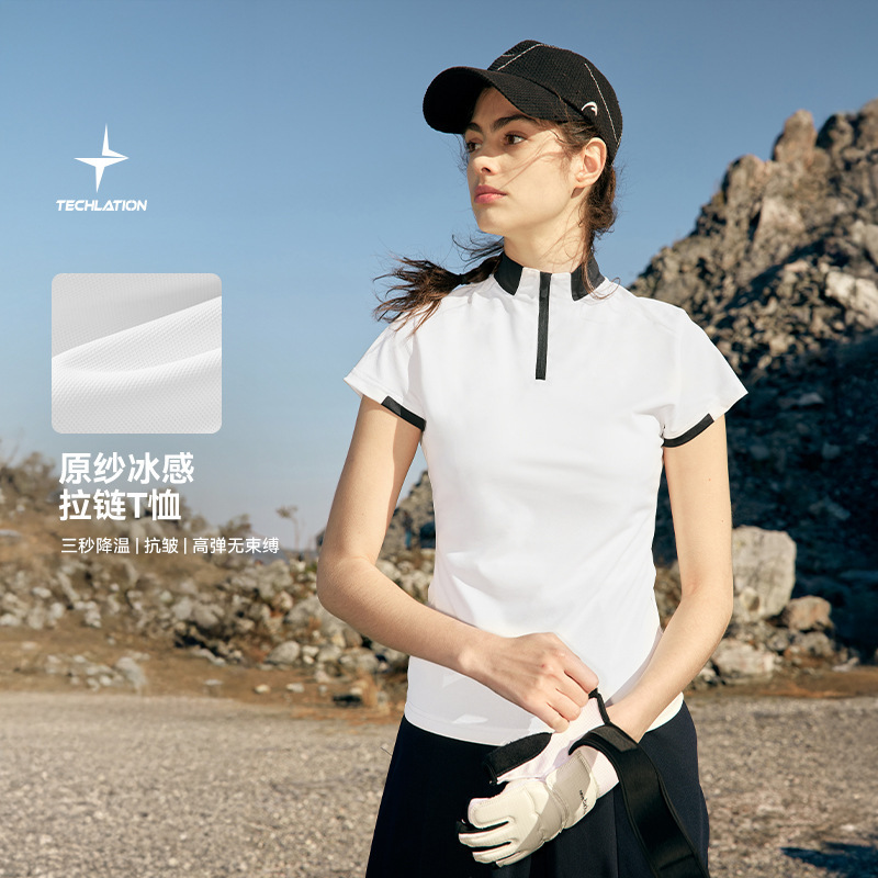 Jie Zhan Women's Clothing | Zipper T-Shirt 2026 Spring/Summer New Lightweight Cool Feel Golf Tennis Commuting Patchwork Short Sleeve