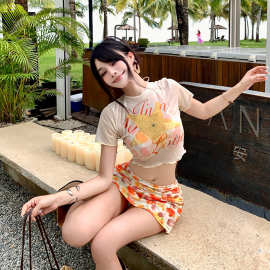 新款辣妹花朵小胸洋气少女性感半袖罩衫四件套比基尼泳衣女bikini