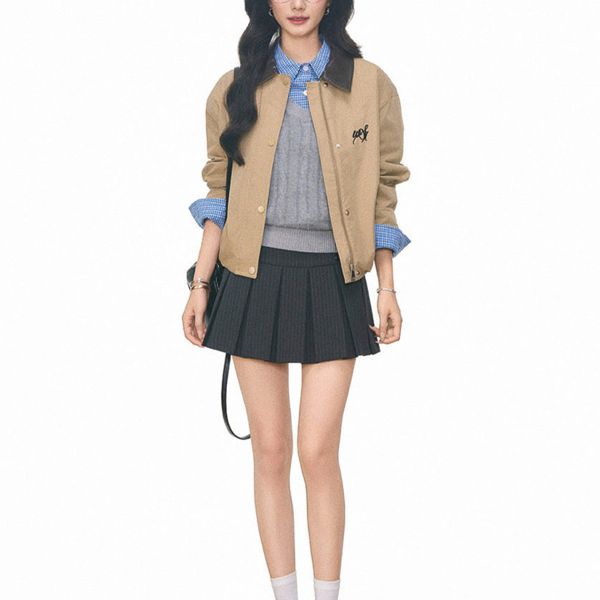 【New Arrival 8.15】WEST Preppy Style Plaid Shirt + Cable Knit Vest + Short Jacket + Pleated Skirt