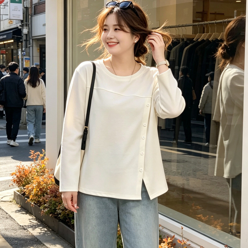 여성 빅사이즈 루즈핏 버튼 슬릿 긴팔 티셔츠 L-4XL 가을 겨울 데일리 상의